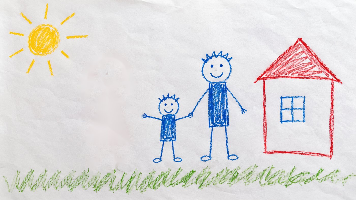 A child's crayon drawing: a child and one parent holding hands, the child's other arm reaching out to empty paper. A sun, a house, green grass.
